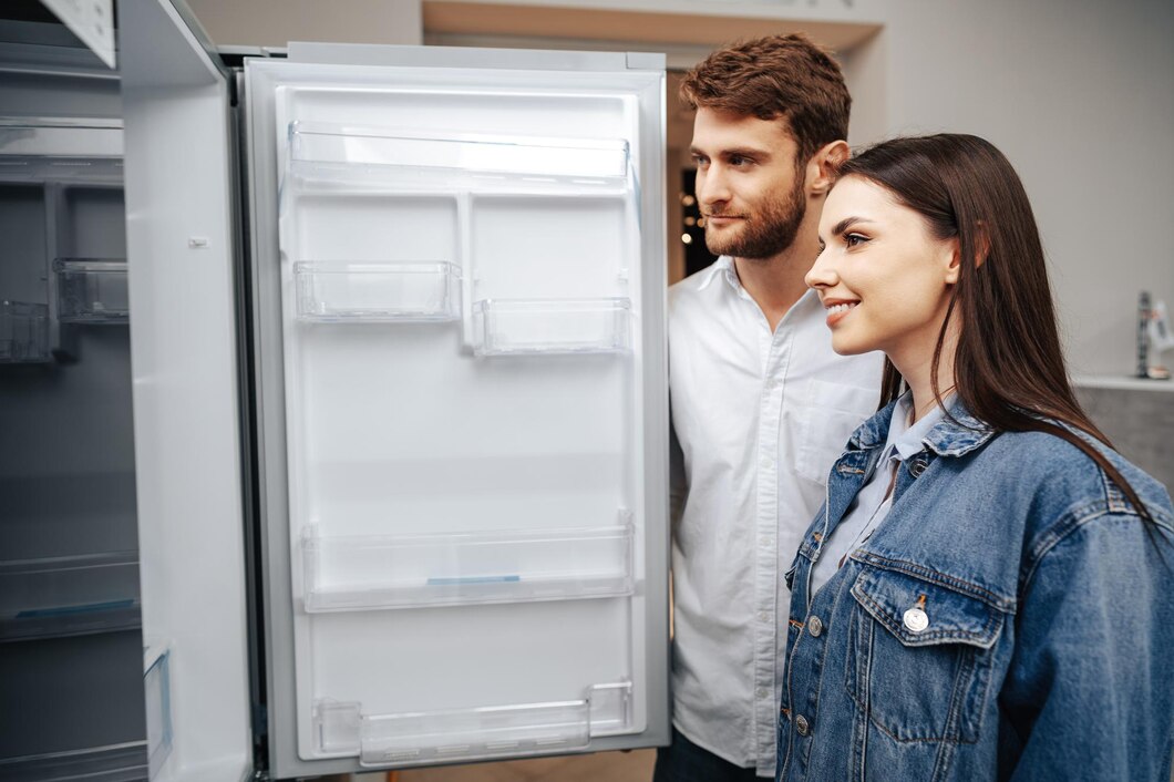 Un jeune couple avec un réfrigérateur-کاماپرس